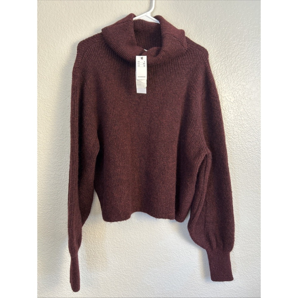 Topshop Ribbed Crop Burgundy Cropped Balloon Sleeve Knit Turtleneck Sweater L